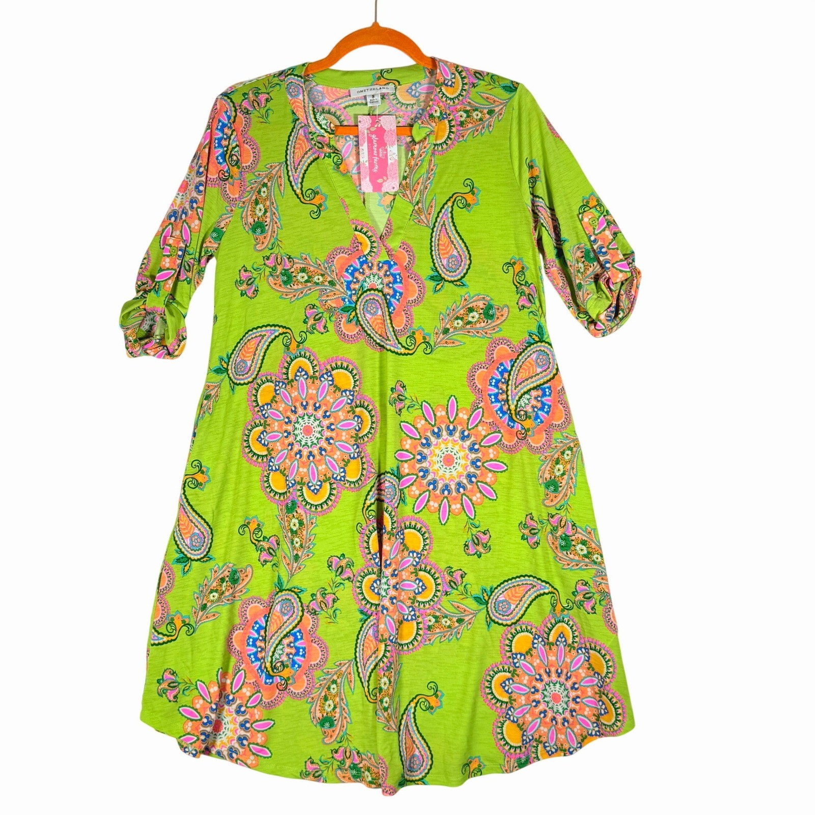 ONETHELAND New Green Paisley Roll Tab Sleeve Shift Dress Small colors resortwear