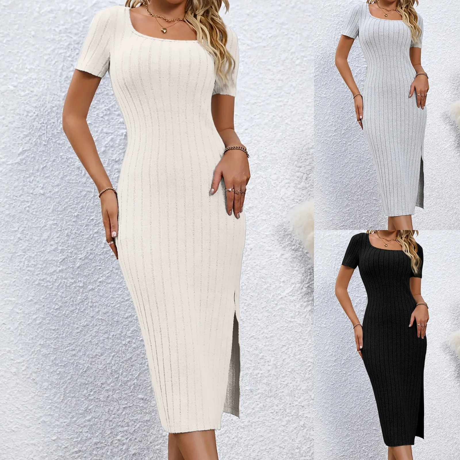 Summer Bodycon Midi Dress | Short Sleeve Square Neck Plus Size Knit Dress