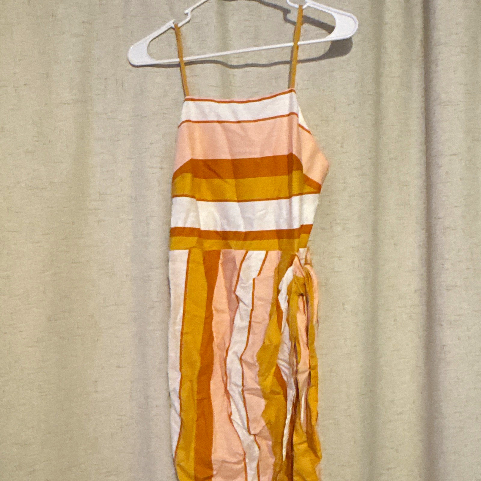 Express Striped Sundress Pink Orange White Square Neck Tie Waist Knee S