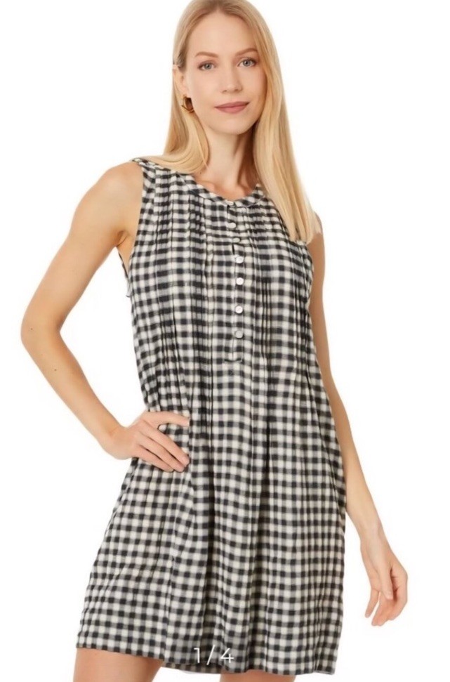 Faherty Isha Gingham Check Pleated Tank Mini Shift Dress Size Large Black/Cream