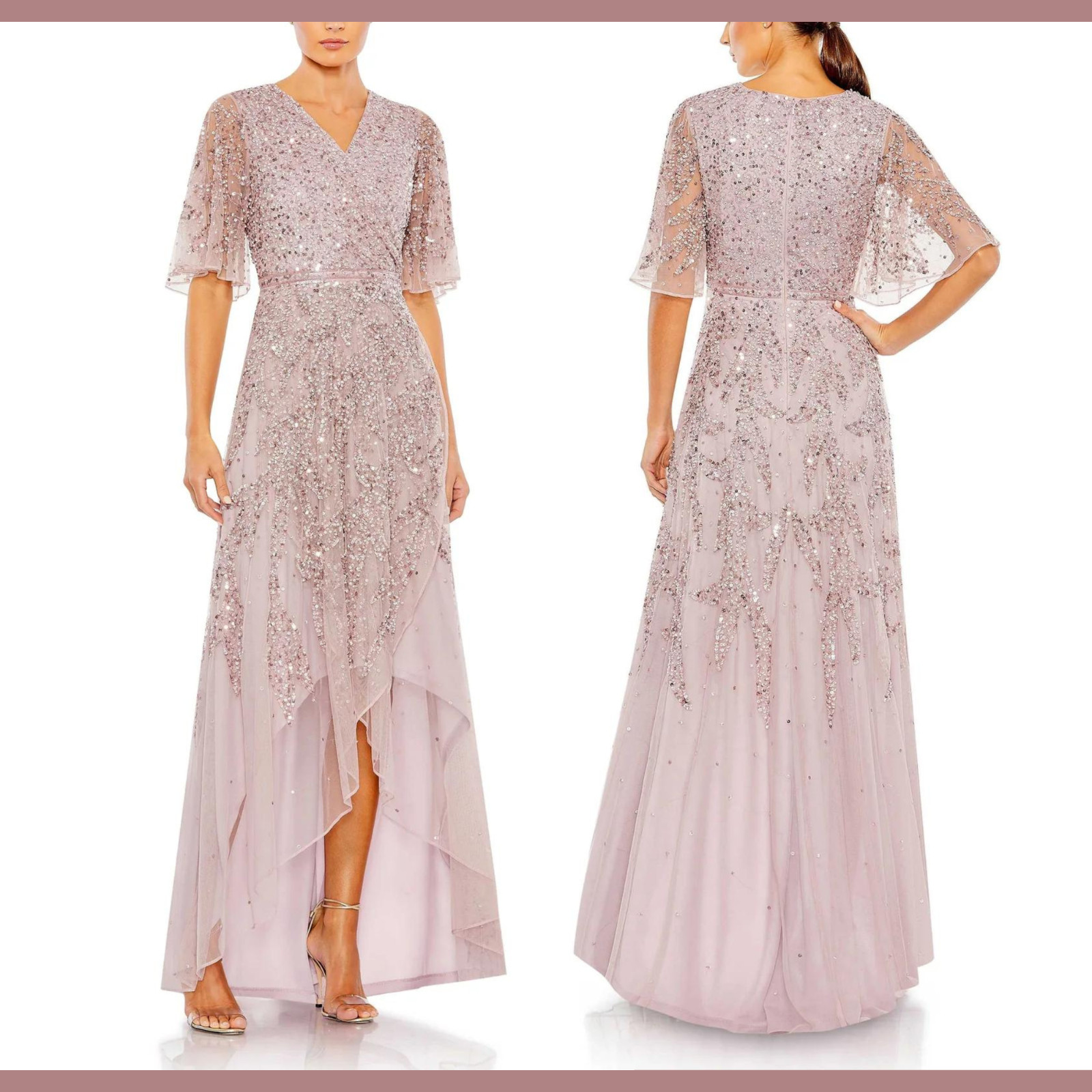NWT $498 Mac Duggal [ 14 ] Sequined Butterfly Sleeve High Low Gown Lilac #G1932