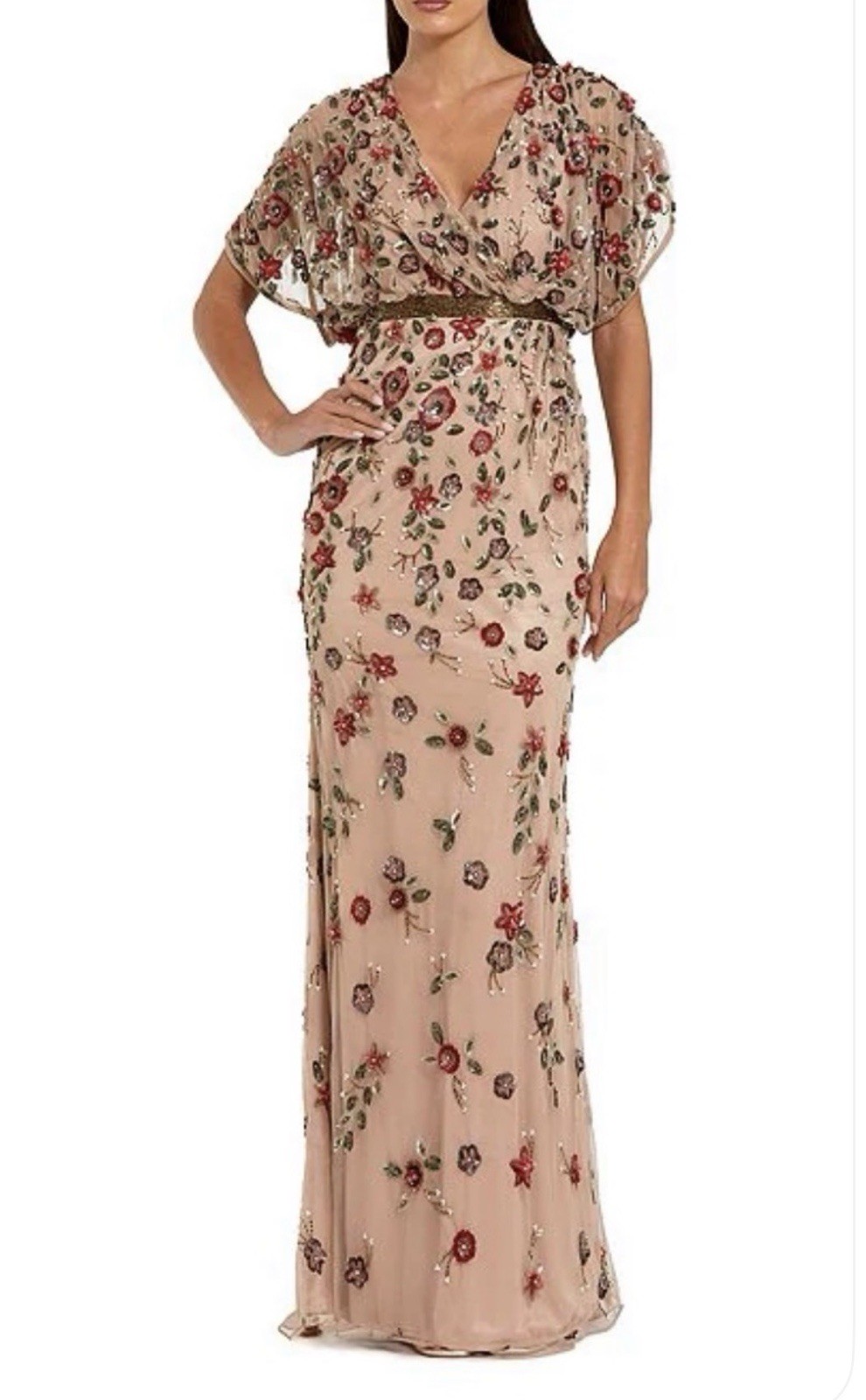 Mac Duggal Floral Beaded Embroidered V-Neck Mesh Lined Long Gown 4 Rose