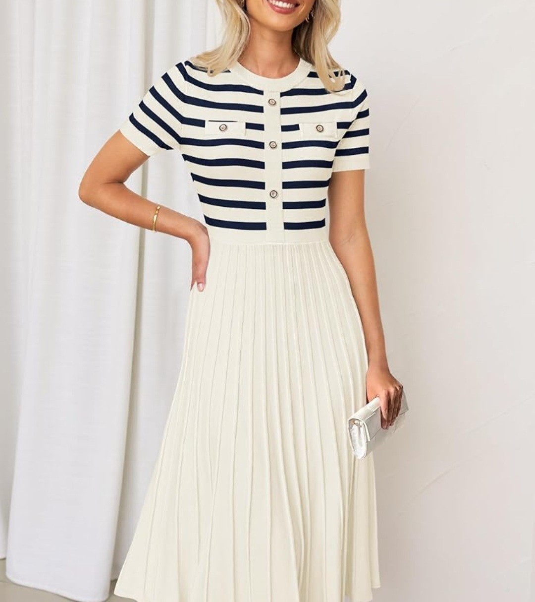 ZESICA Women’s 2026 Casual Striped Midi Dress Crewneck Short Sleeve