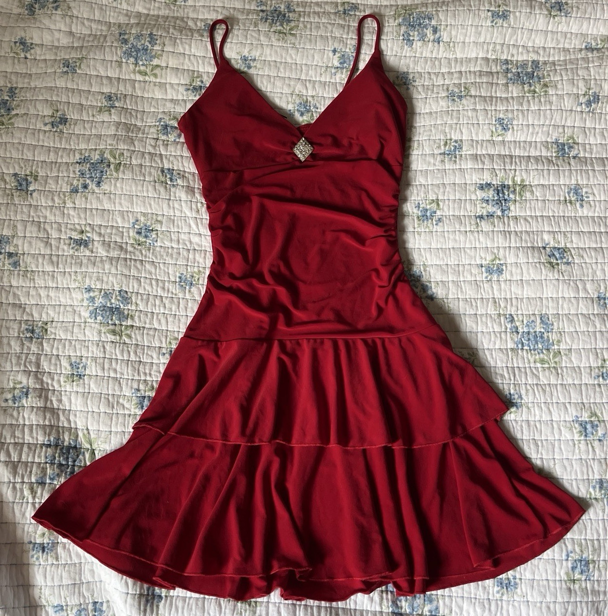 Y2K Taboo Red Solid Mini Dress V-Neck Spaghetti Straps Rhinestone Accent SIZE M
