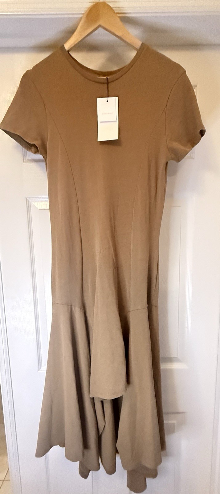 Zara Midi Dress Womens Small Tan Washed Effect Asymmetrical Hem Fit & Flare NEW