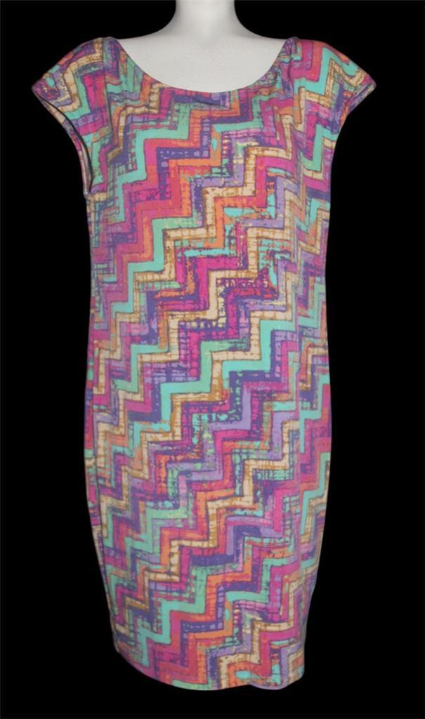 Tori Richard Abstract Geo Squares Chevron Stripes Cap Sleeves Shift Dress Wm’s L