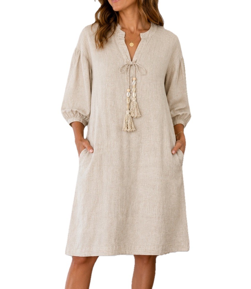 Magaschoni Oatmeal Linen Peasant Shift Dress XS NWT Shell Tassel Oversized