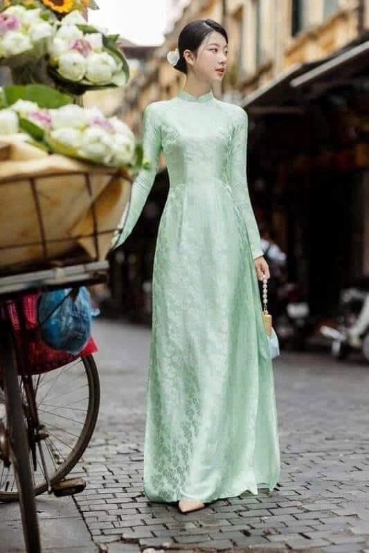 Green Ao Dai Vietnamese Gam Long Dress with Punk Pants