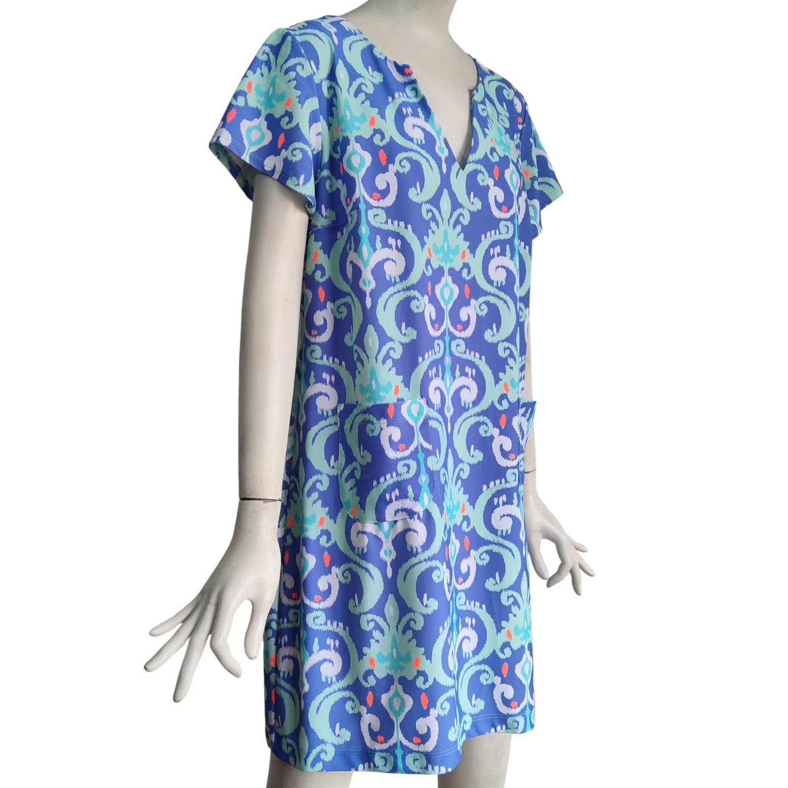 Britt Ryan Bohemian Print Pockets Nylon Spandex Stretch Mini Shift Dress Sz L
