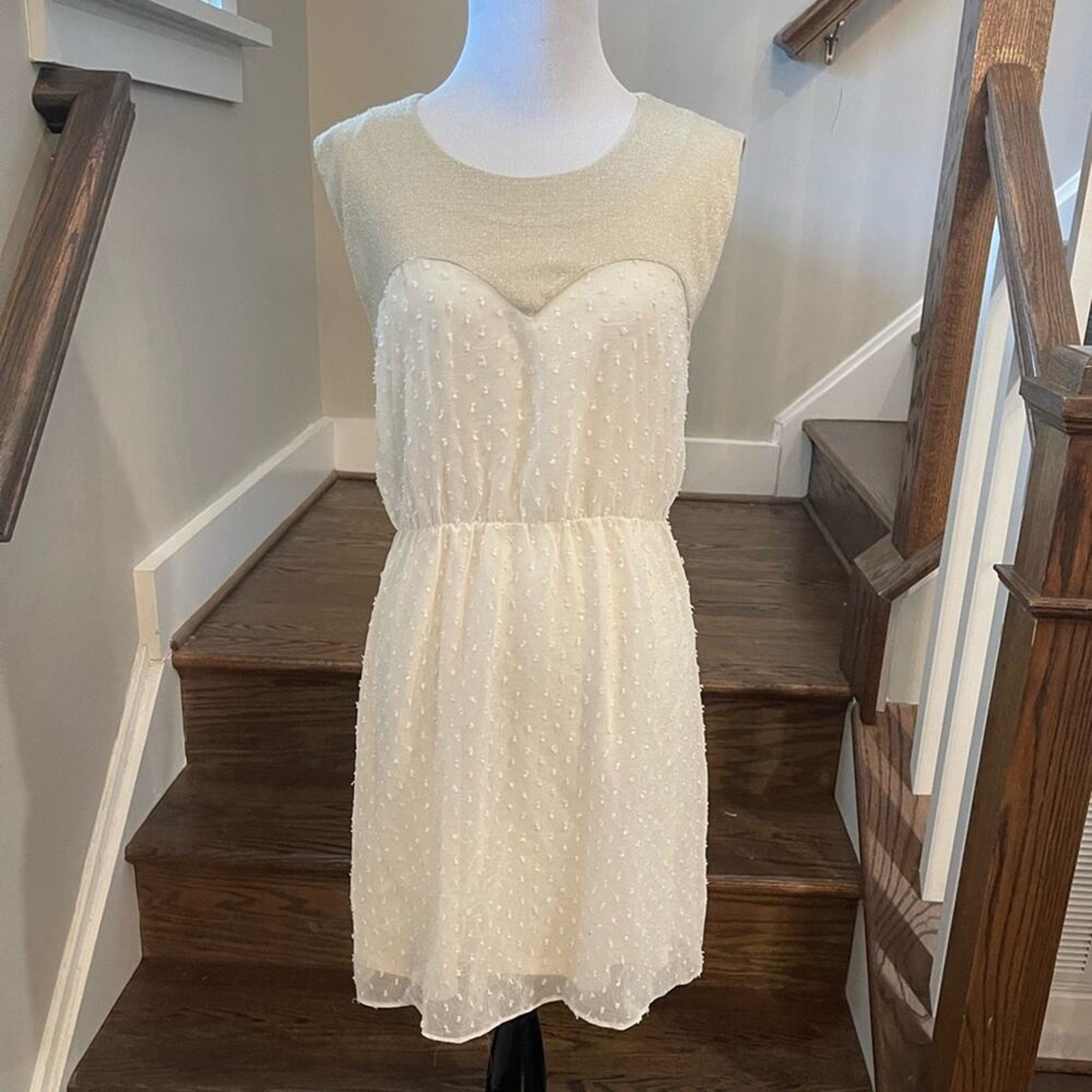 Needle & Thread Ivory Swiss Dot Shimmer Sleeveless Fit & Flare Dress Medium