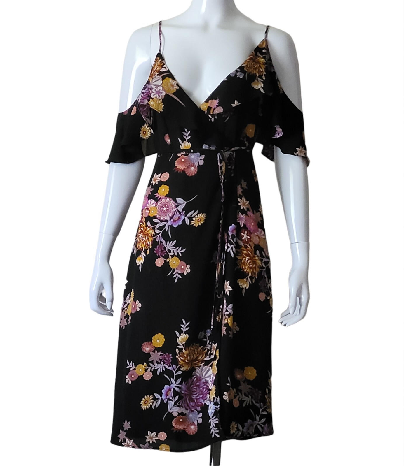 Forever 21 Black Tropical Floral Print Cold Shoulder Dress Size Small