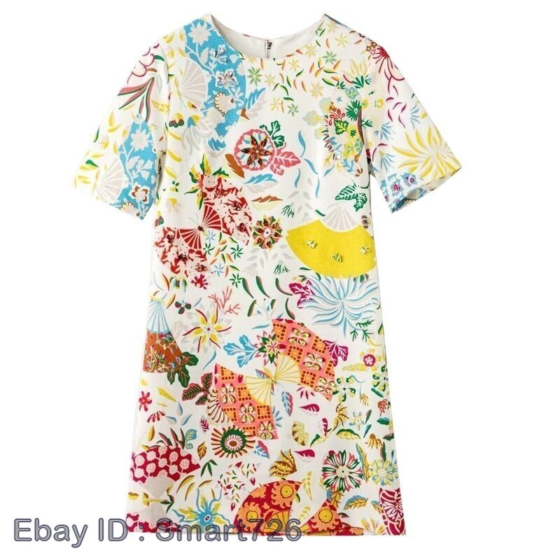 Occident Runway New Beaded Women’s Loose Short Sleeve Printed Midi Dress A-line