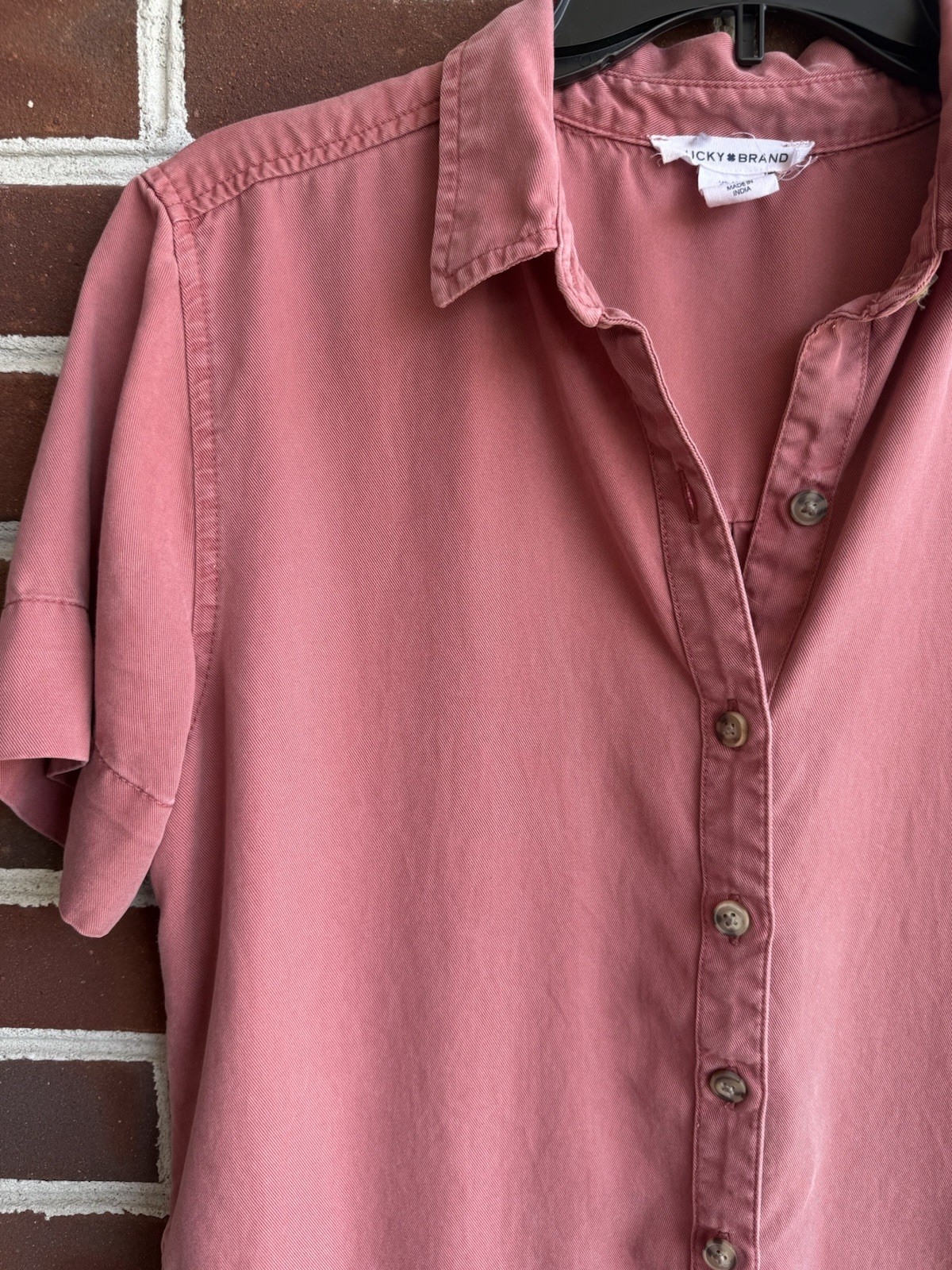 Lucky Brand M Salmon Lyocell Twill Shirt Dress Short Sleeve Button Front Pockets