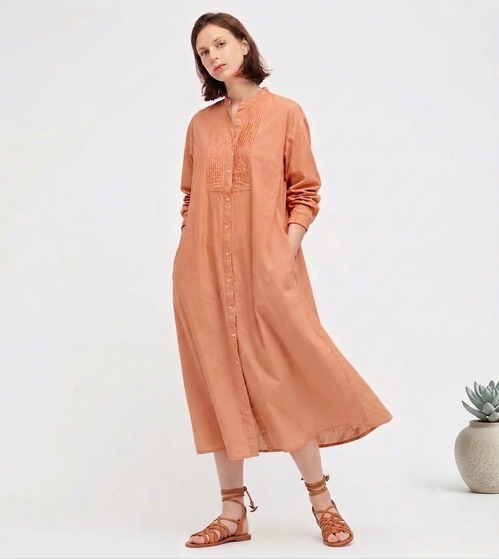 100% Cotton Striped Shirt Midi Dress Sz M Pintuck High Neck Lagenlook Boho