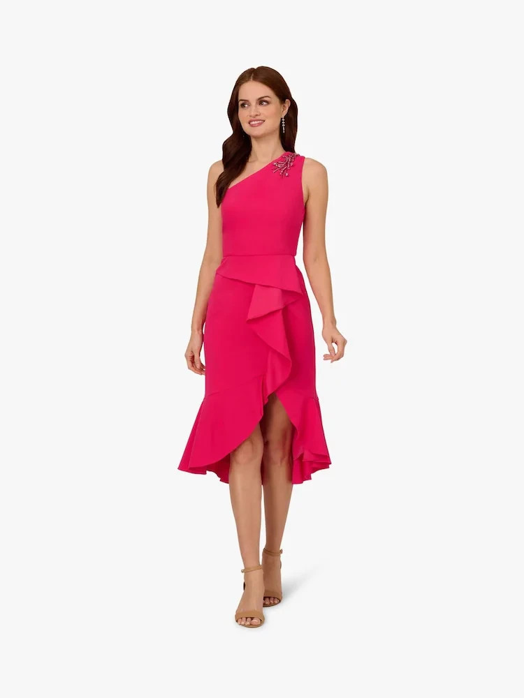 Papell Studo Royal Pink Beaded One-Shoulder Crepe Midi Dress Size 8 $169