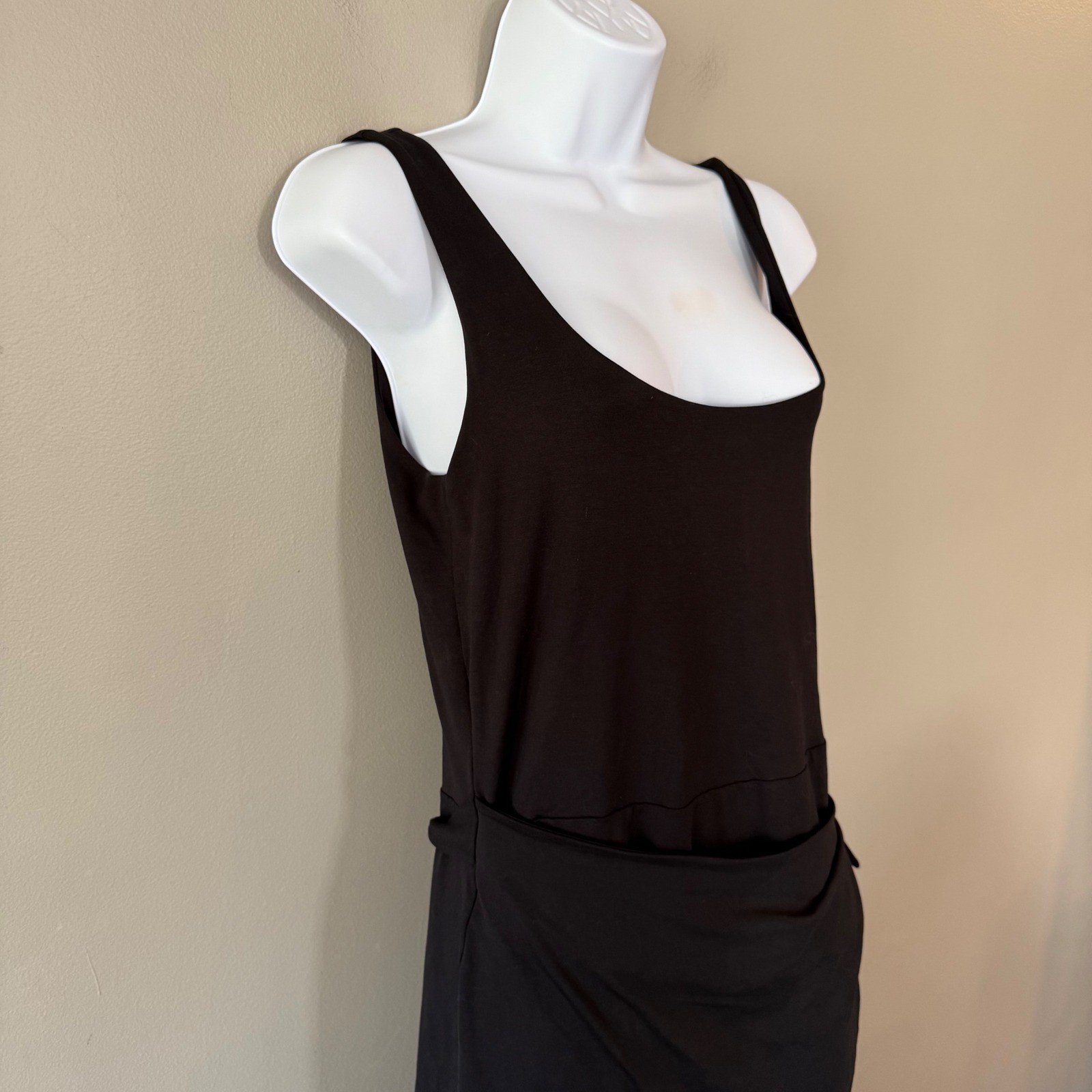 Beyond Yoga Black Scoop Neck Wrap Midi Dress NWT Sz Med Minimalist Travel Boho
