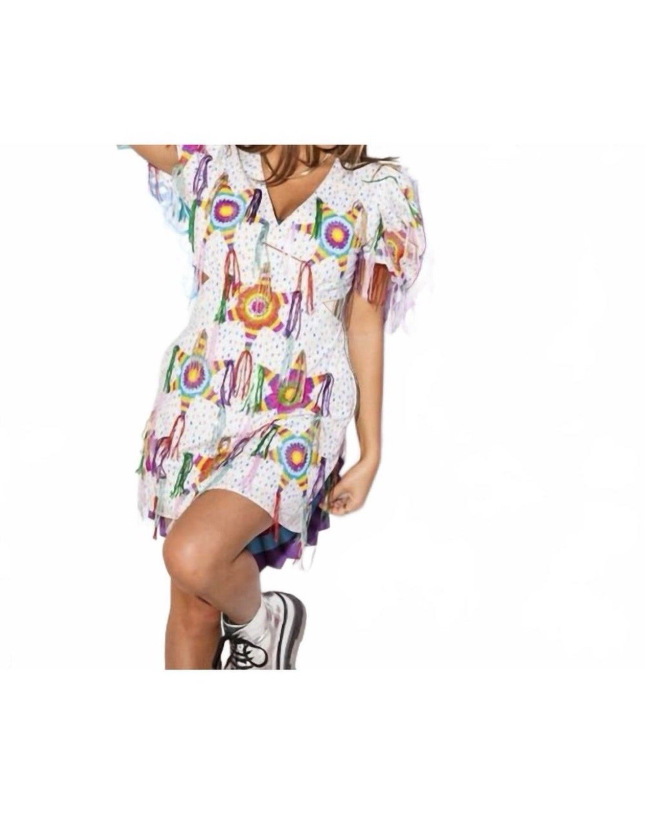 Queen of Sparkles White Piñata Fringe Sequin Babydoll Dress M Lined Pockets