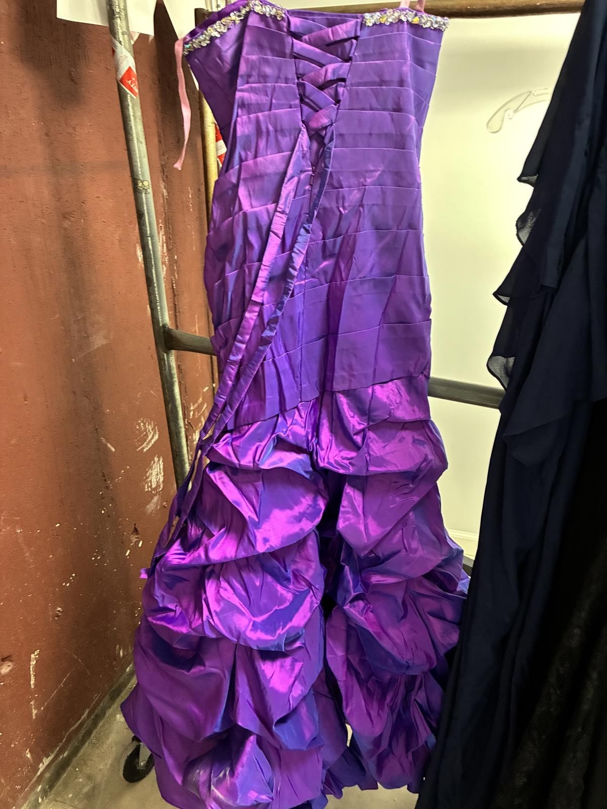 Purple Strapless Beaded Corset Back Ruffled Tafetta Gown NWOT Prom Vintage sz 6