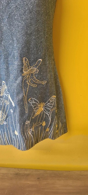 Womans size 10-12 whimsical Sun Fairy mini dress blue sparkly gold embroidery