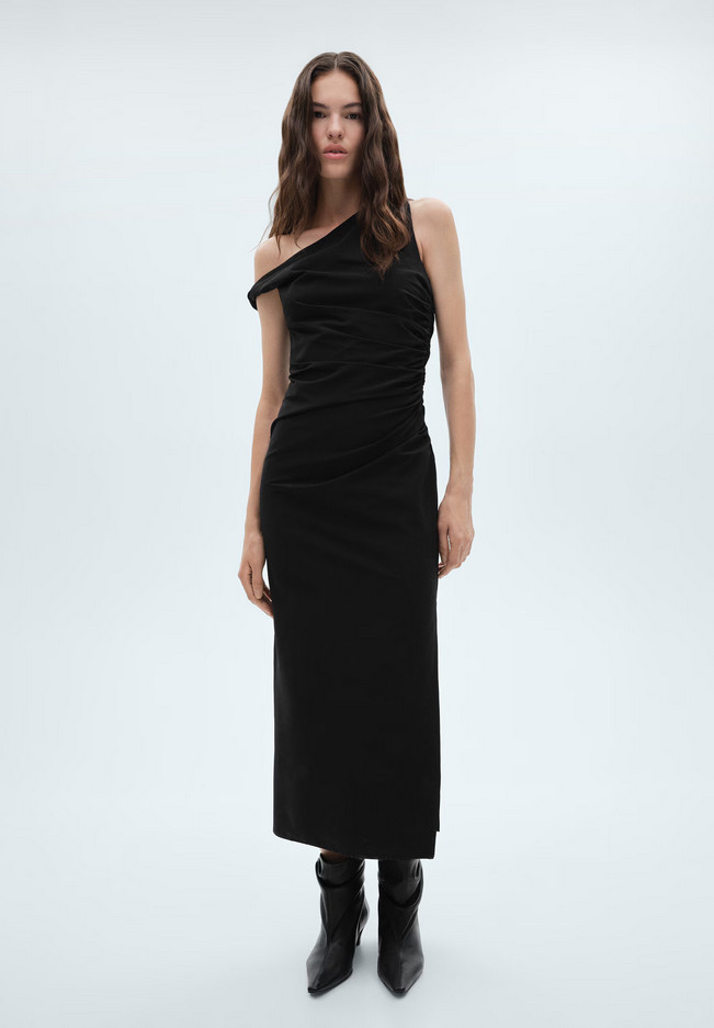 NWT MANGO MNG $90 BLACK GATHERED DETAIL ASYMMETRICAL DRESS SZ S US 4