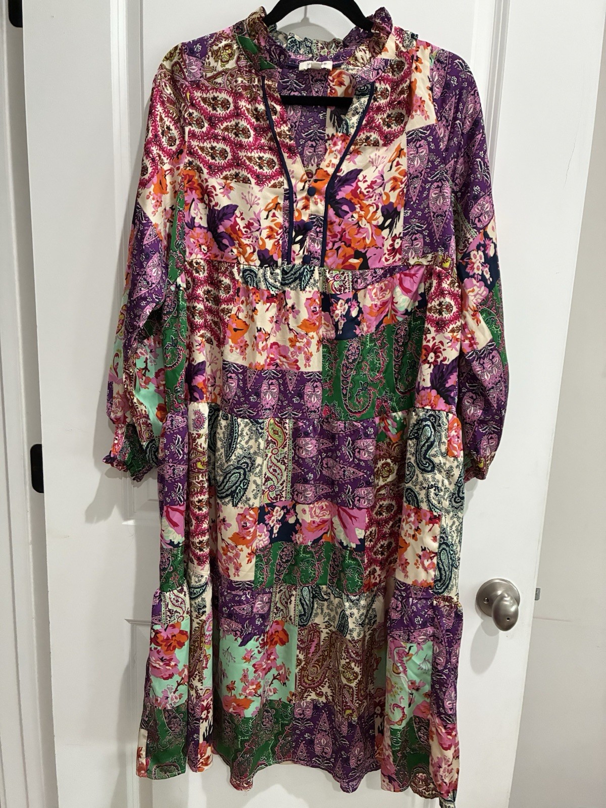 Umgee USA Boho Floral Colorblock Midi Dress M Tiered Cap Sleeve