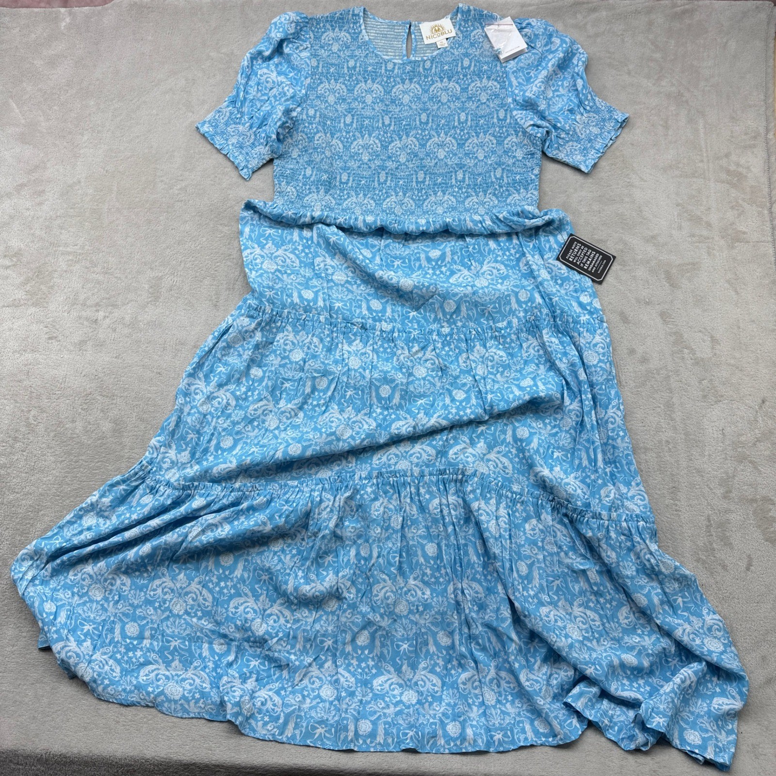 NicoBlu Kitty Puff Sleeve Maxi Dress Women XL Regency Porcelain Ribbon Tea Party