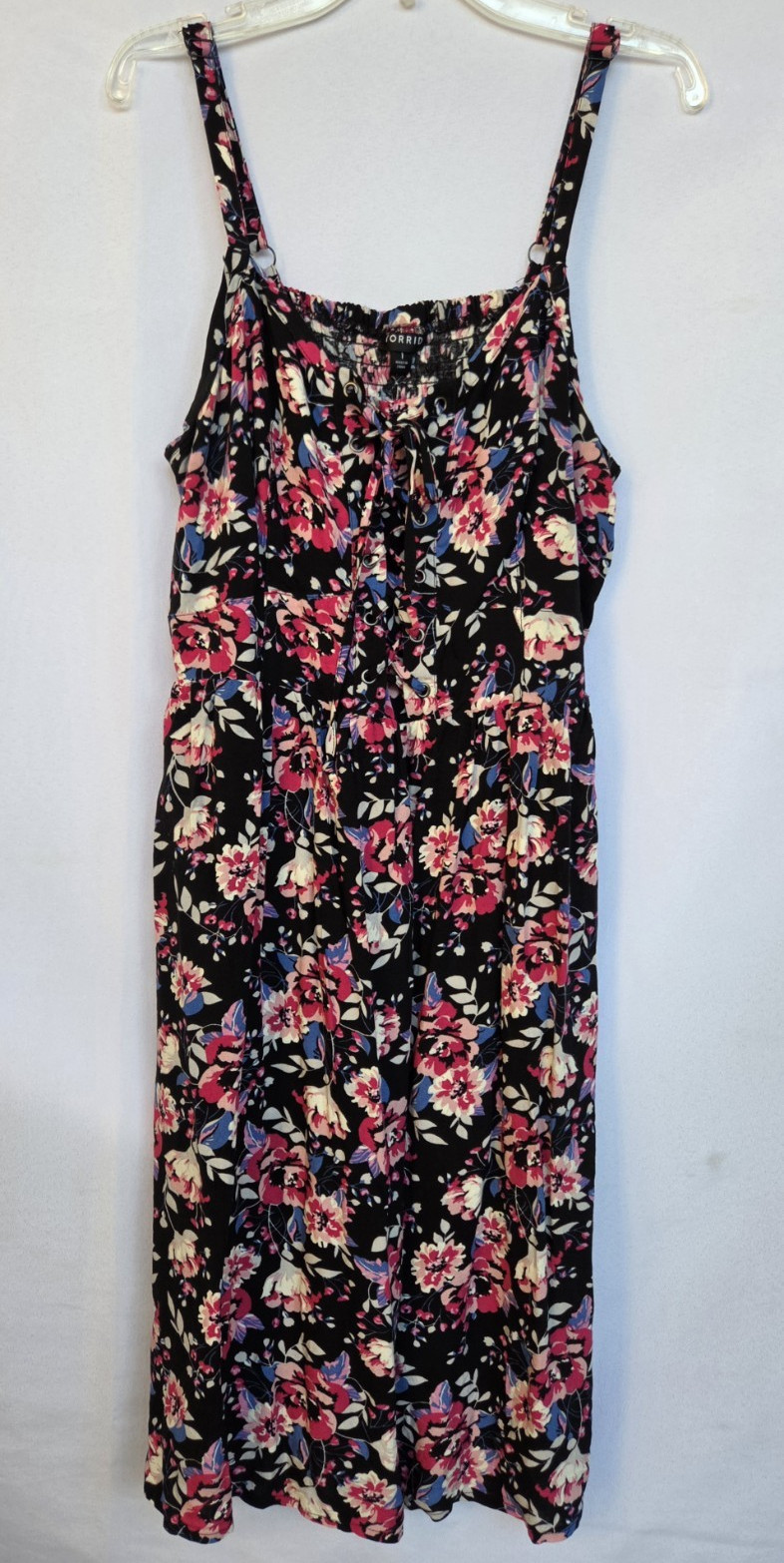 Torrid Size 1 Black Floral Midi Sundress Square Neck Tie Front Strappy