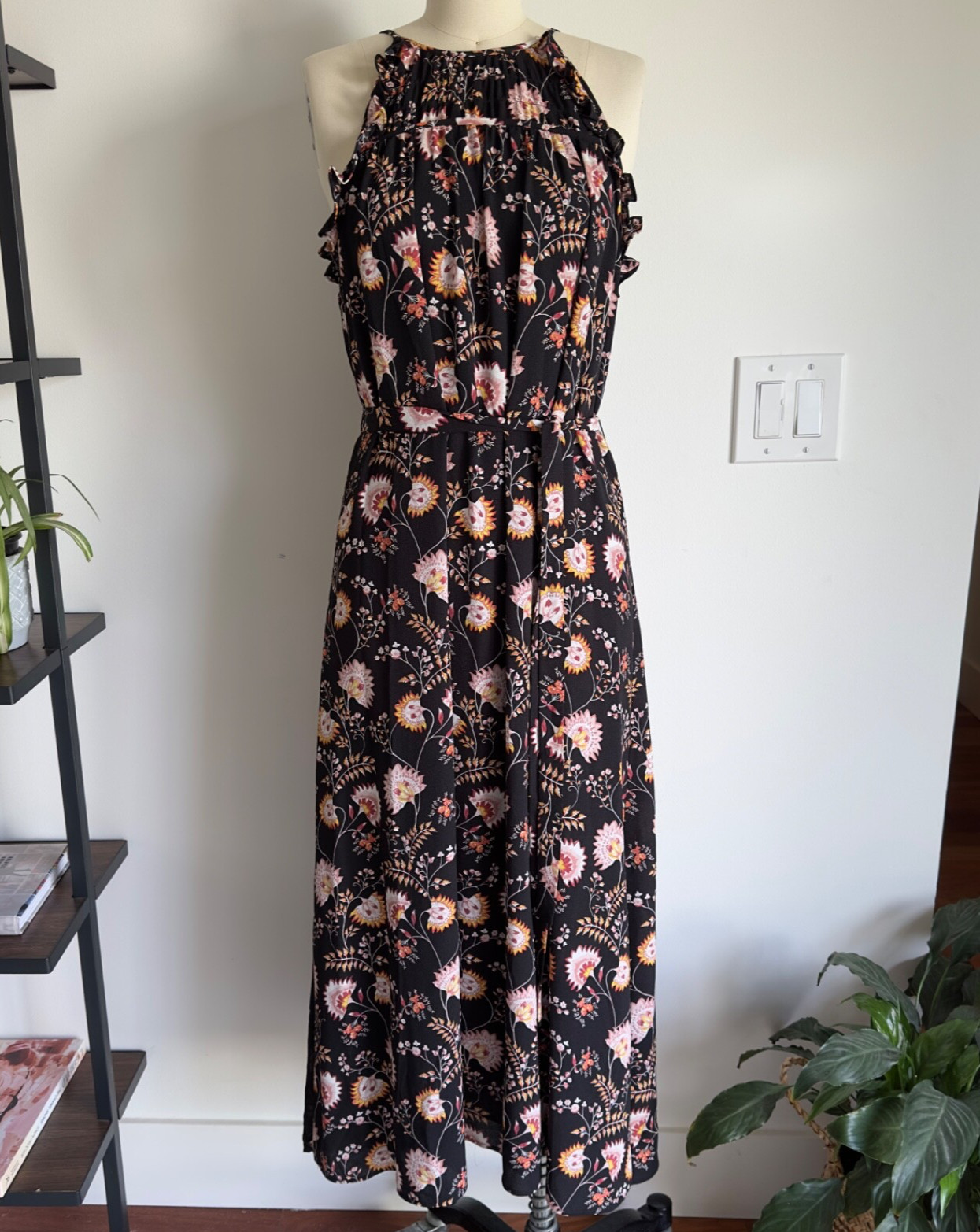 1. STATE High Neck Floral Sleeveless Ruffle Maxi Dress-Size Small-Black Floral