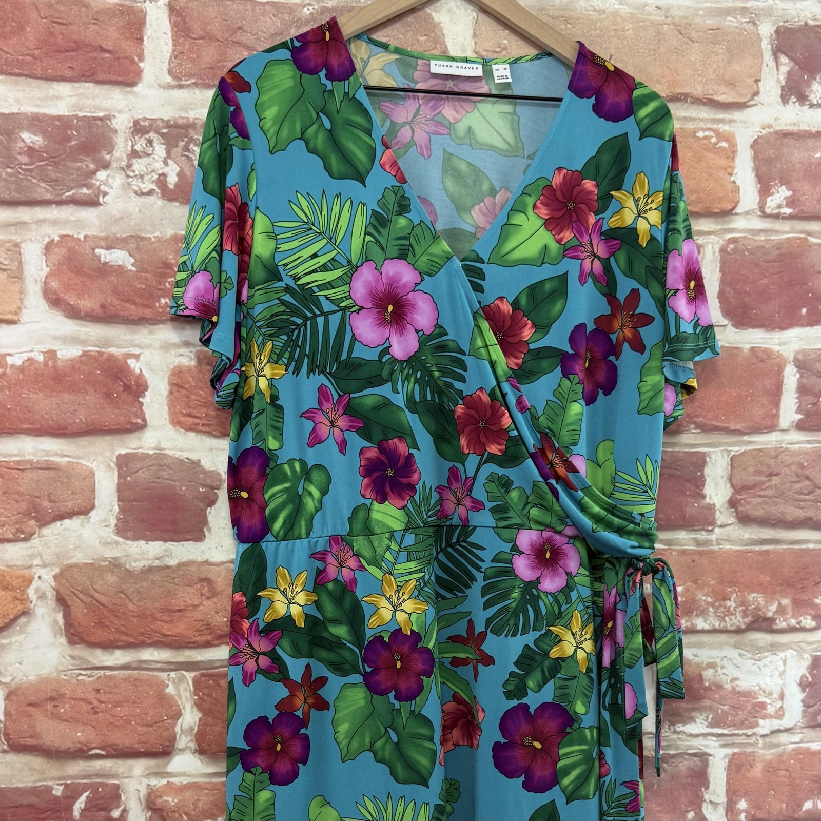 Susan Graver Dress Womens XL Blue Multicolor Tropical Floral Surplice Wrap Midi