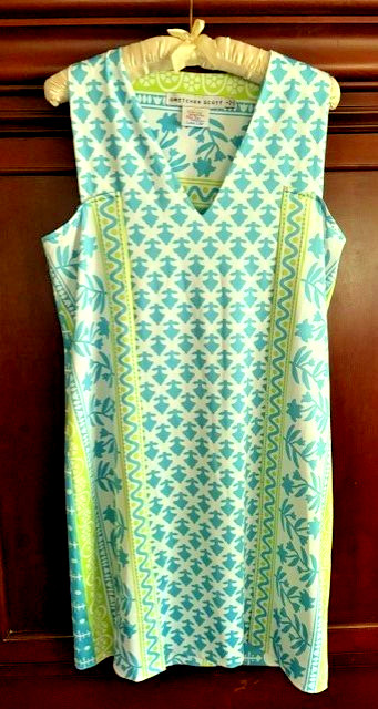 Gretchen Scott Sleveless Shift Dress L Turquoise Blue Lime Green