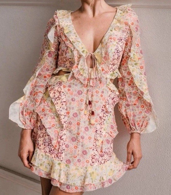 Floral V-Neck Long Balloon Sleeve Ruffle Tassel Cut Out Mini Dress Size S