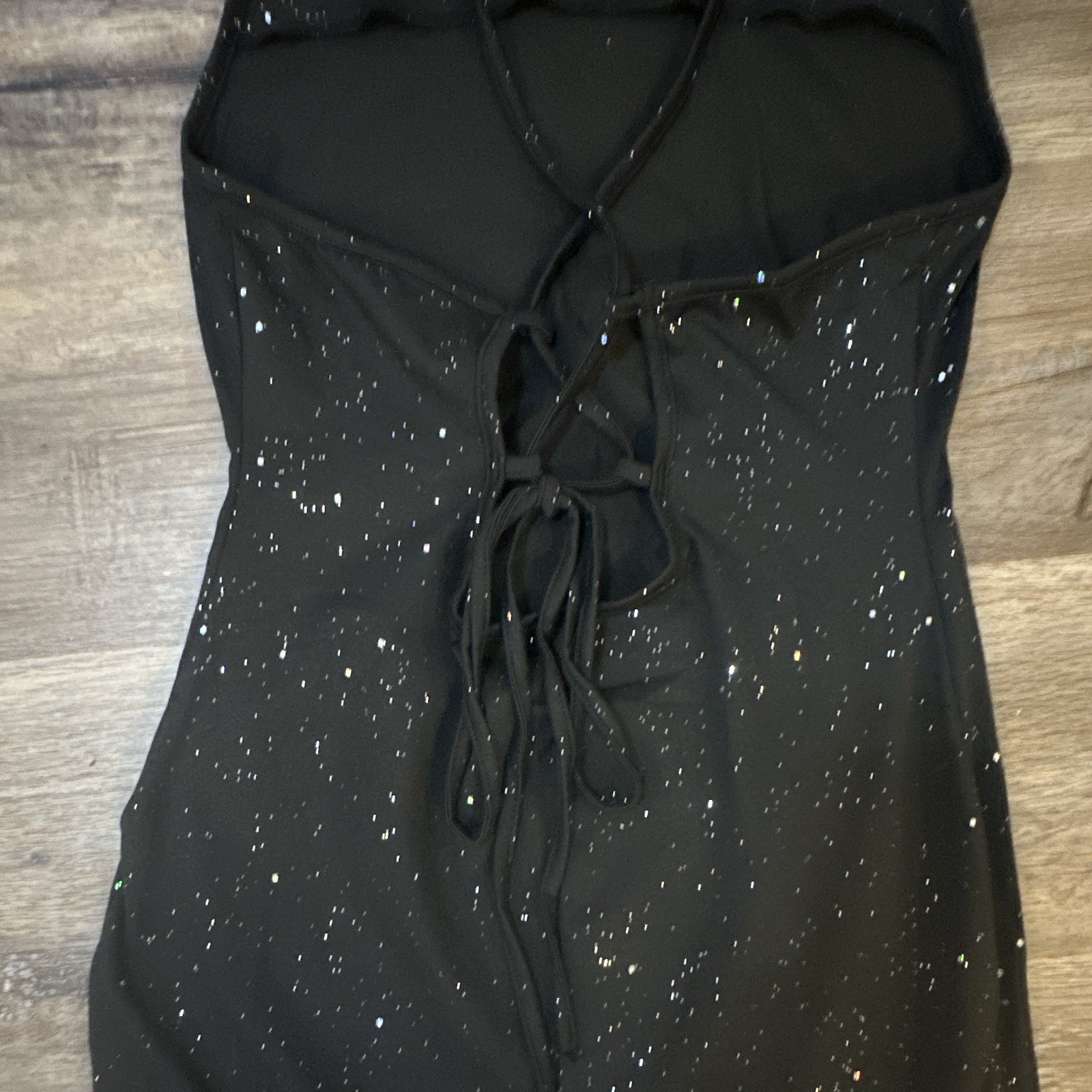 HIMLAND Womens Black Glitter Spaghetti Strap Lace-Up Back Maxi Dress Sz M