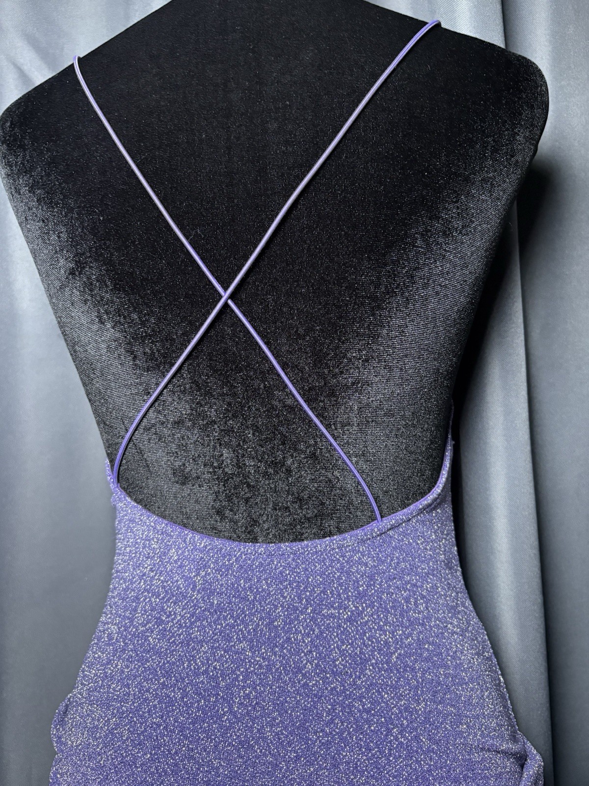 Divided Purple Glitter Backless Strappy Bodycon Mini Dress, Square Neck