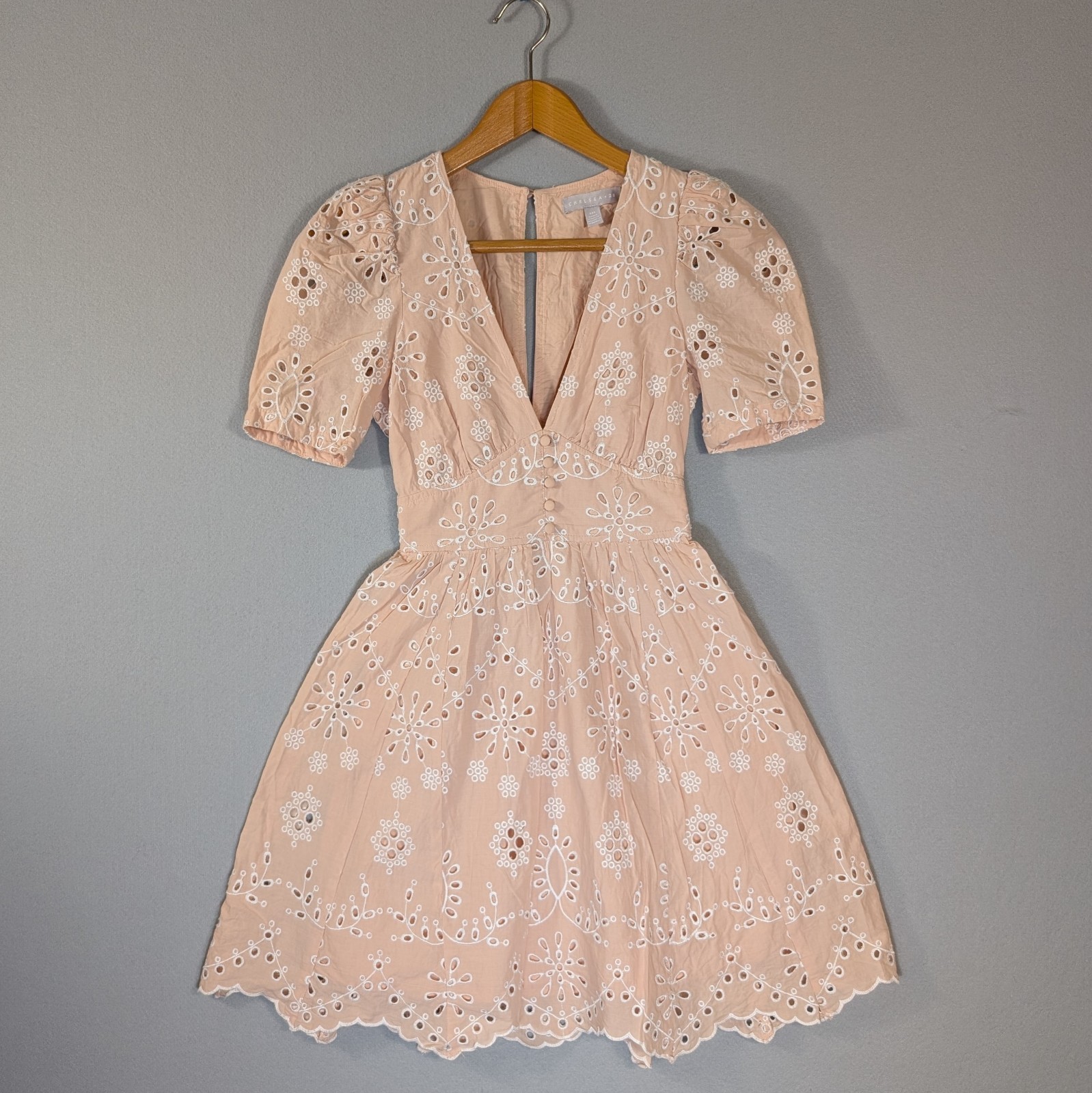 Chelsea 28 Cottagecore Mini Dress Embroidered Blush Pink Size XXS Scalloped Hem