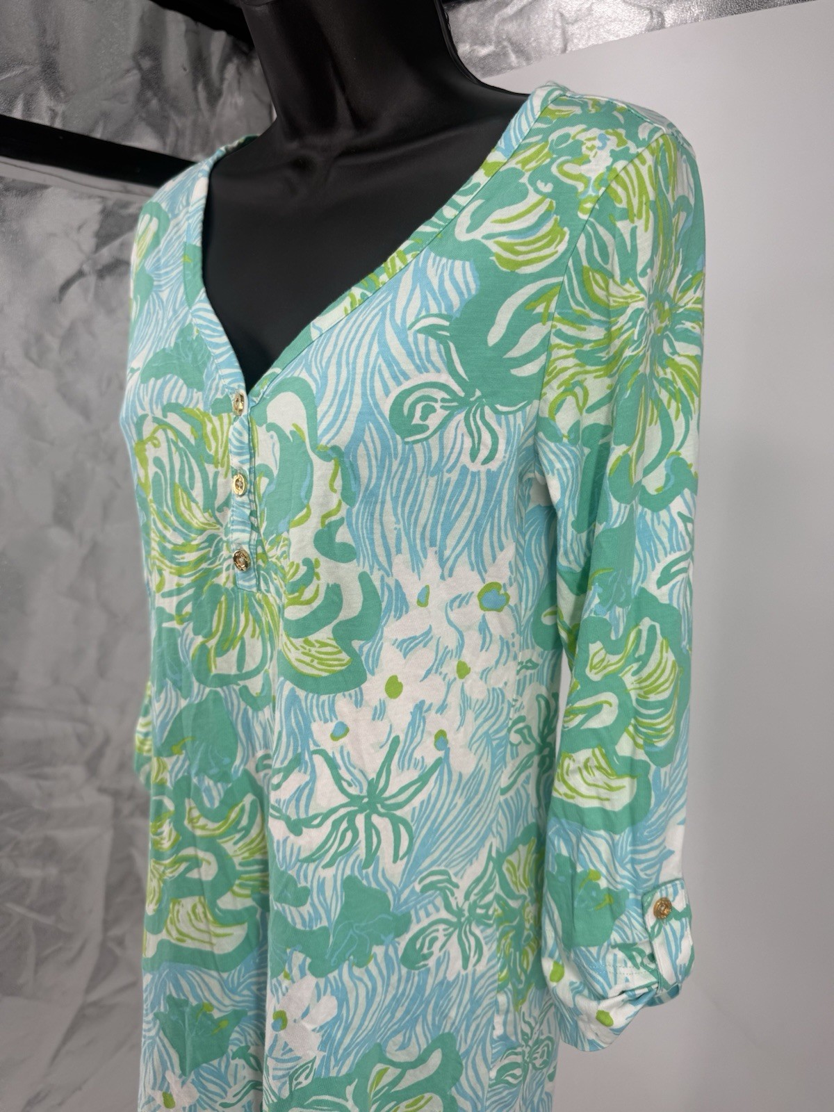 Lilly Pulitzer Palmetto Henley Dress Green Blue White Beach Resort Pima Cotton S