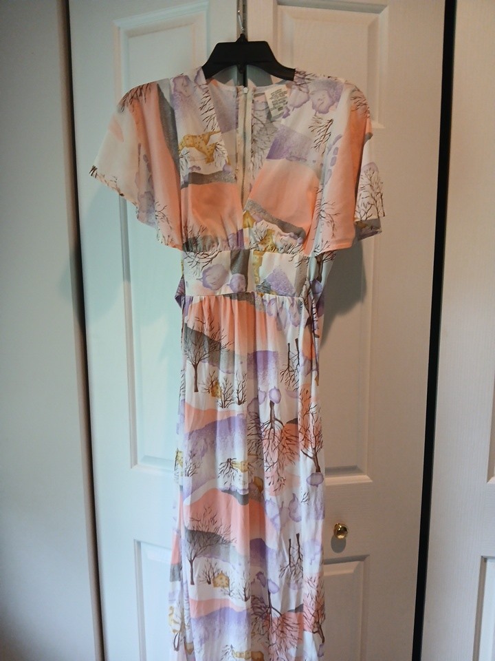 Vintage 1970s long acetate floral dress with tie