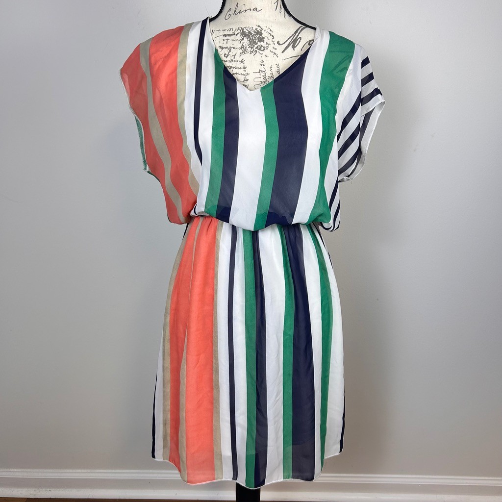 Espresso Colorblock Striped Chiffon Dress Womens Medium Green Orange Navy White