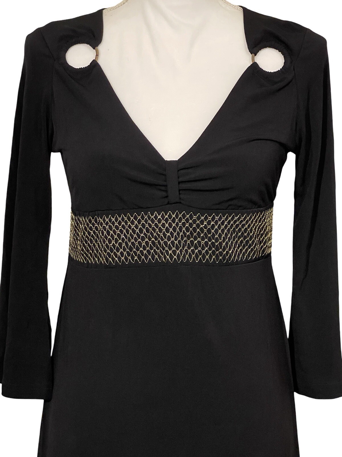 VERTIGO PARIS Black Dress Gold Mesh Empire Waist Shoulder Rings Women’s Size M