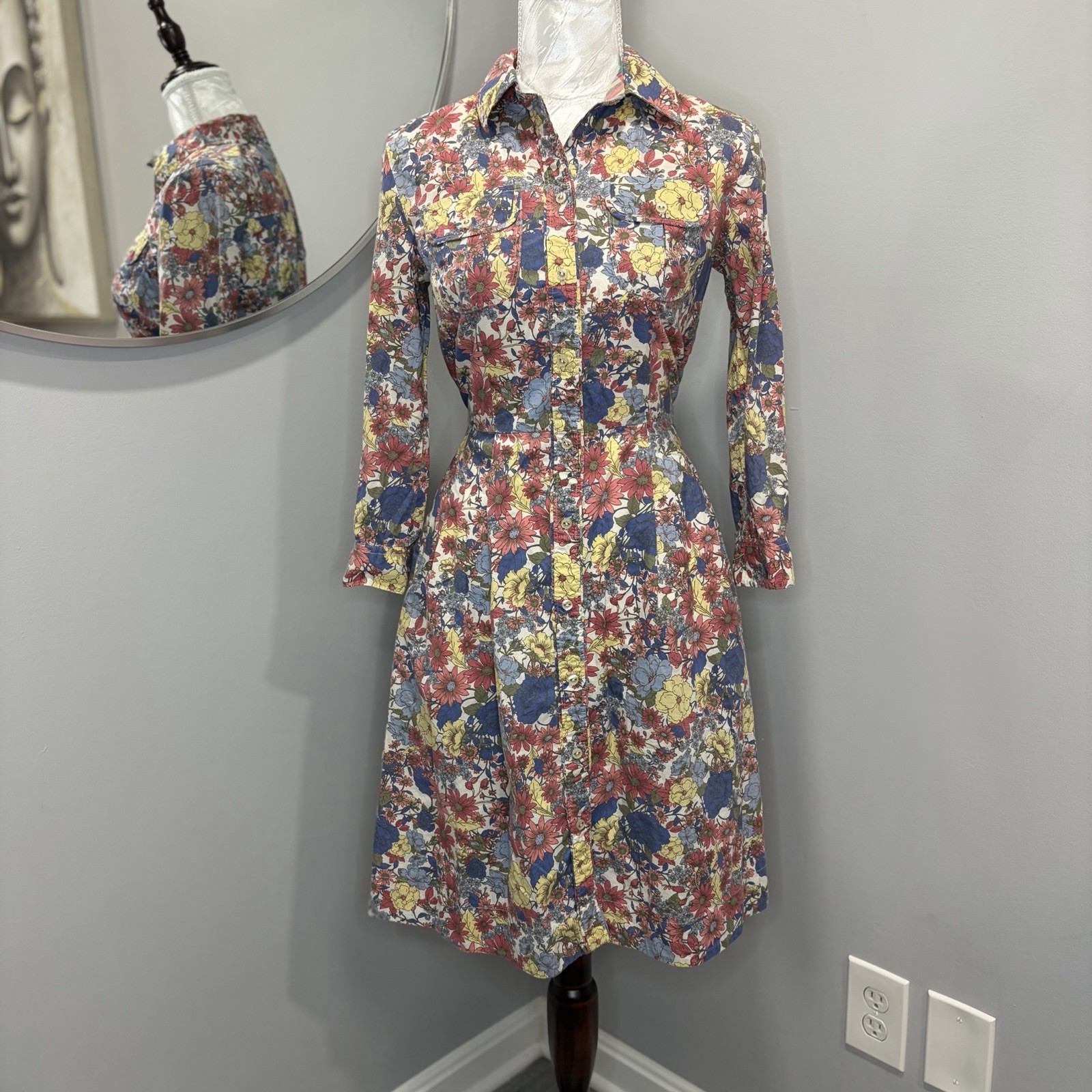 Tommy Hilfiger Floral Shirt Dress Sz 2 Midi Plaid Cuff Button Front Cottagecore