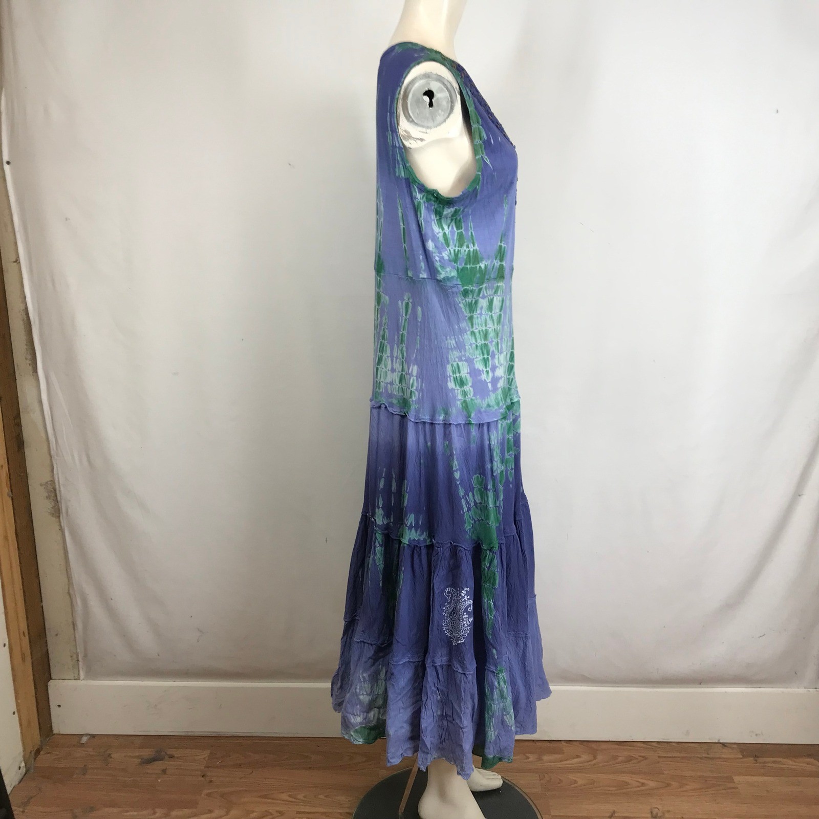 Lola P Maxi Dress Tie Dye V Neck Beaded Embellished Tiered Skirt Blue Green XL