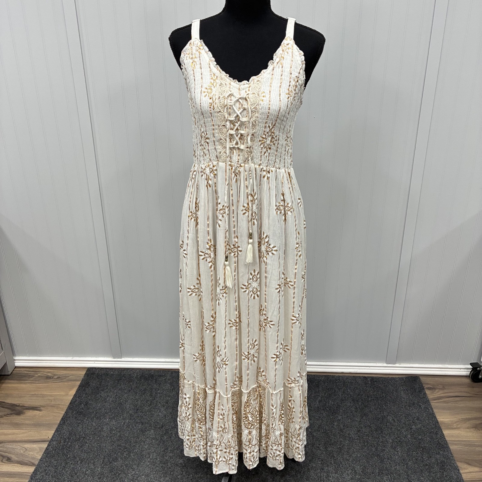 Me 2 Magic Anthropologie Boho Gold Embroidered Maxi Dress Cream Ivory XL NWT