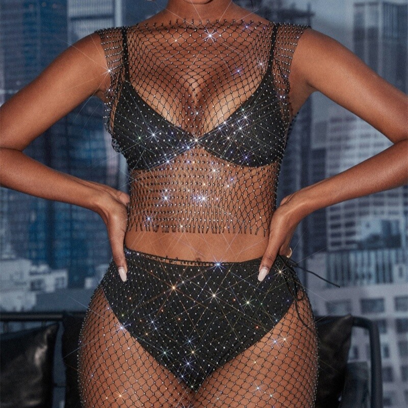 Ladies’ Nightclub Sexy Fashion Mesh Sparkling Diamond Tank Top Hip Wrap Dress