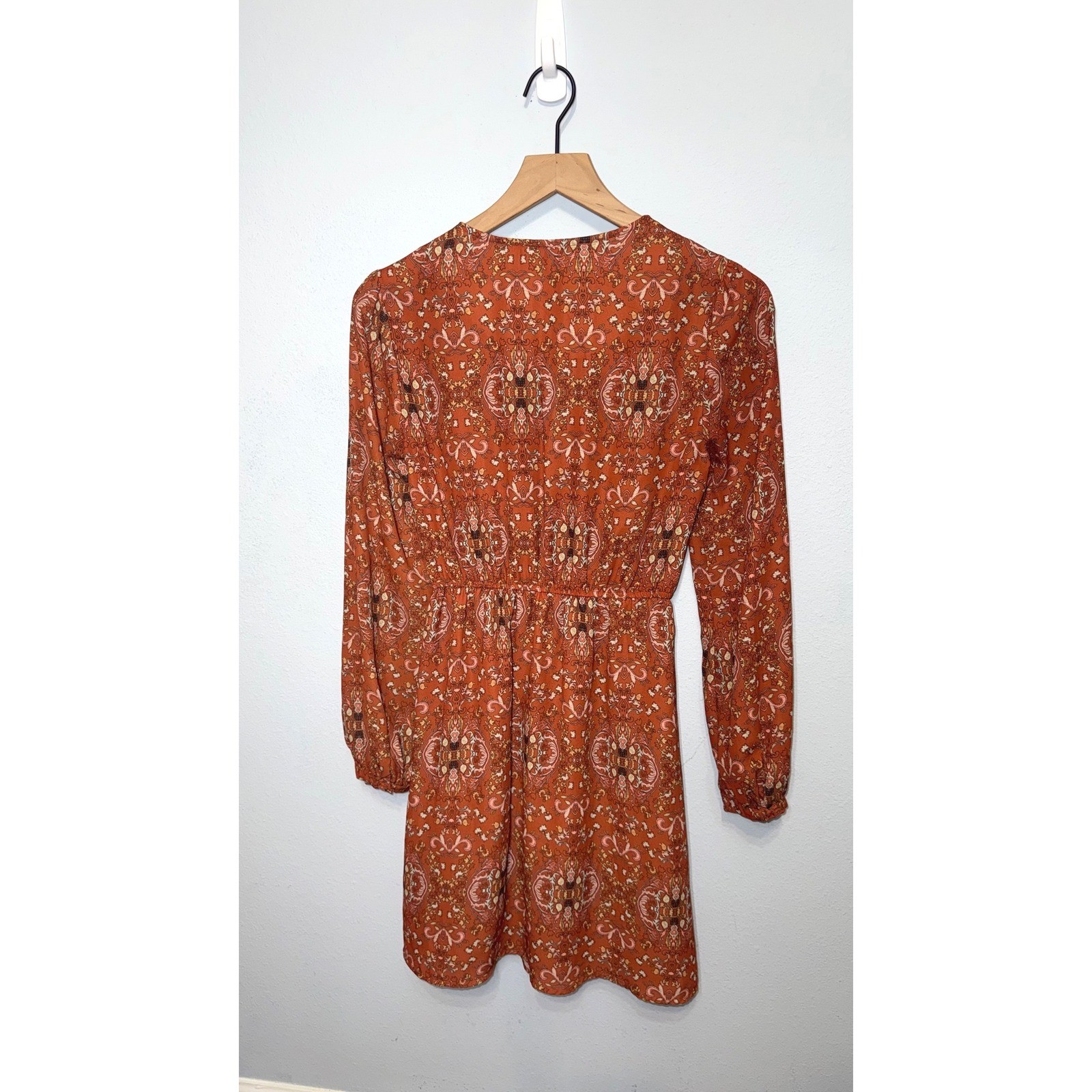 Womens Rust Orange Whimsigoth, Cottagecore Paisley Long Sleeve Mini Dress Small