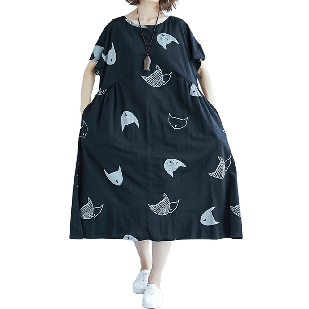 Plus Size Women Dress With Cute Character Cat Print For Fun