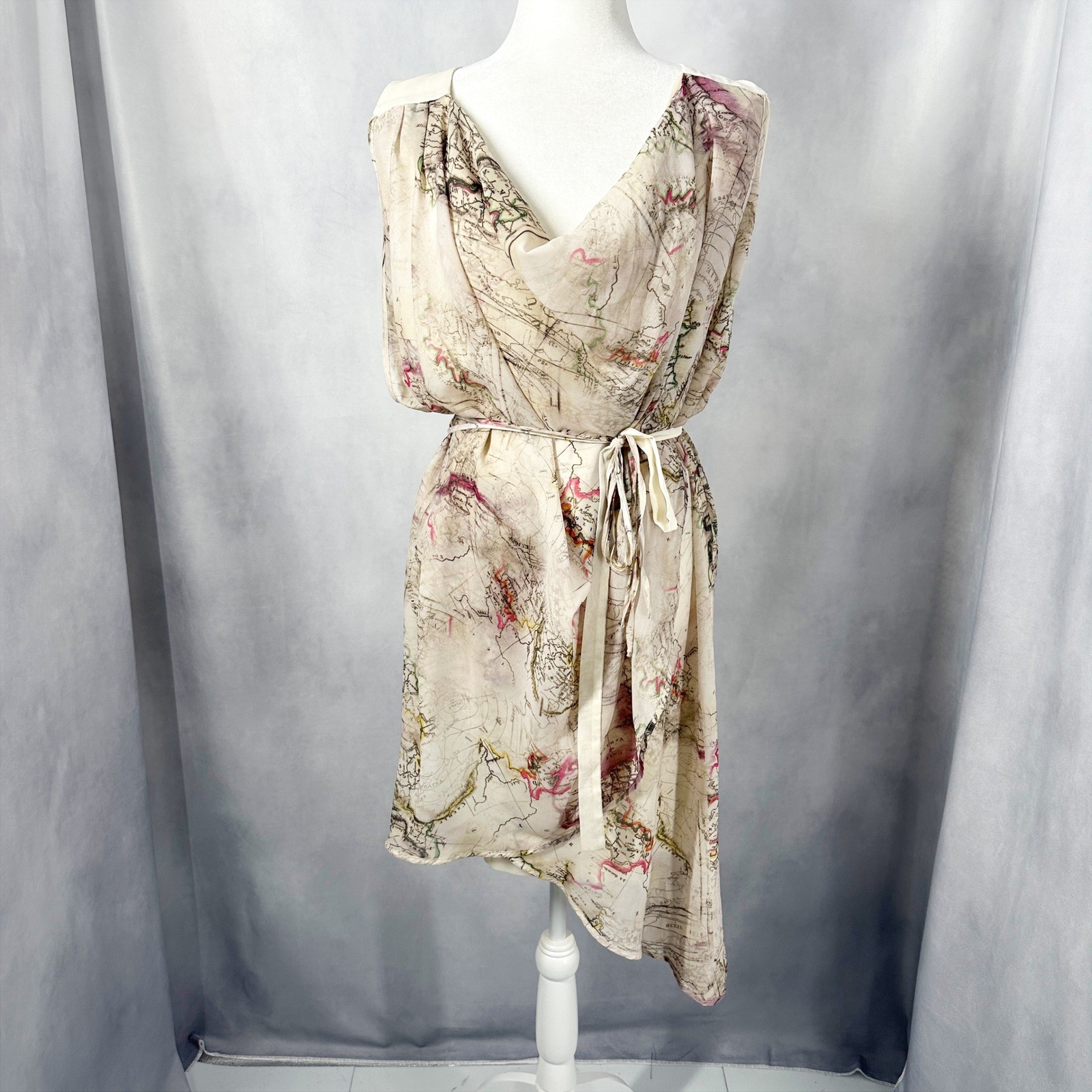 Kersh Sleeveless Draped Tie Waist Map Print Asymmetrical Dress Size Medium NEW