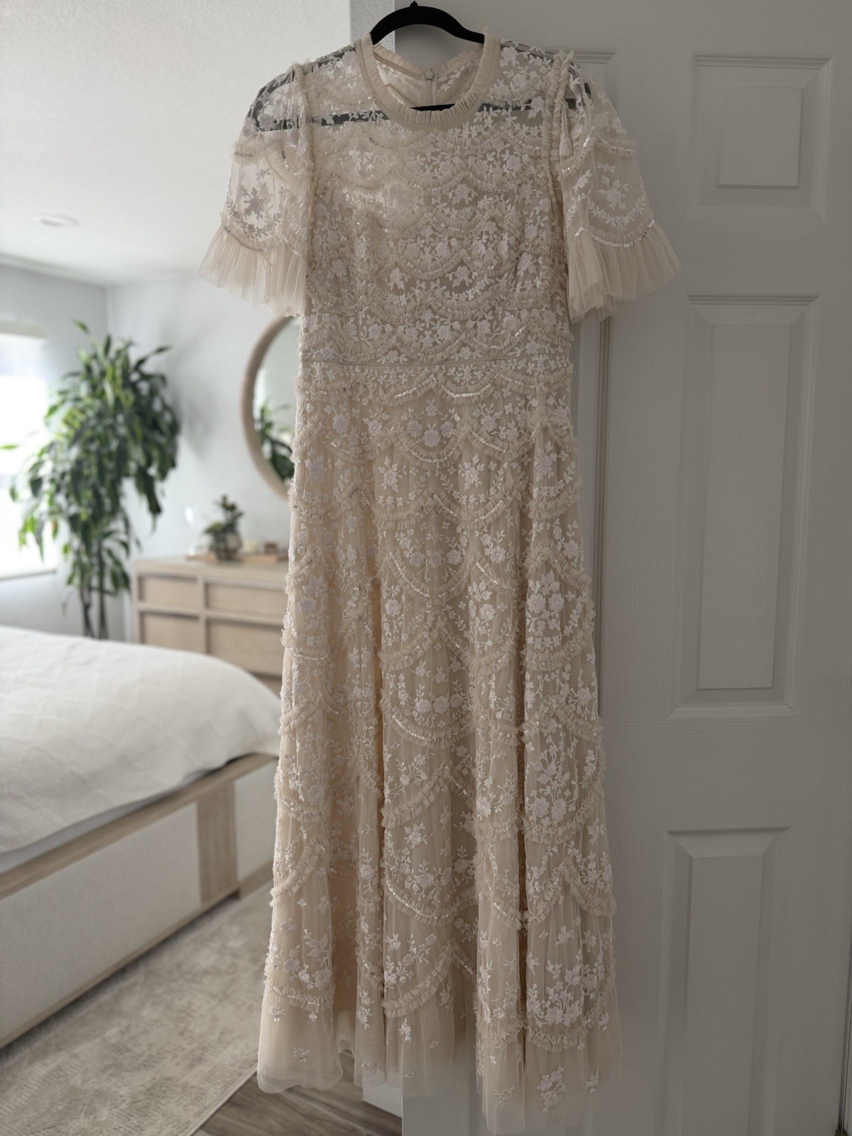 Needle & Thread Gianna Ruffle Short Sleeve Ankle Gown Dress (Medium) (Cream)