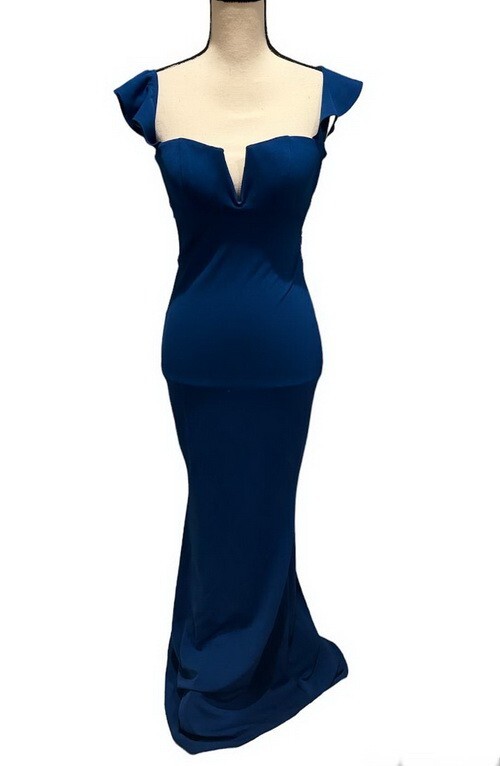 Katie May Ocean Blue Bonita Gown Flutter Straps Deep V Formal Dress XS $245