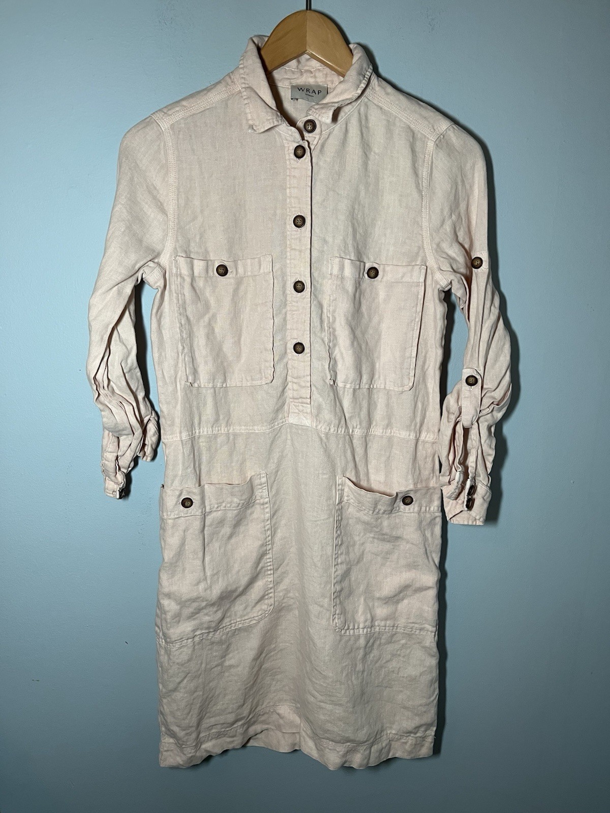 Wrap London Shirt Dress Buttons Pockets Pink Peachy Coastal Lagenlook Linen Sz 2