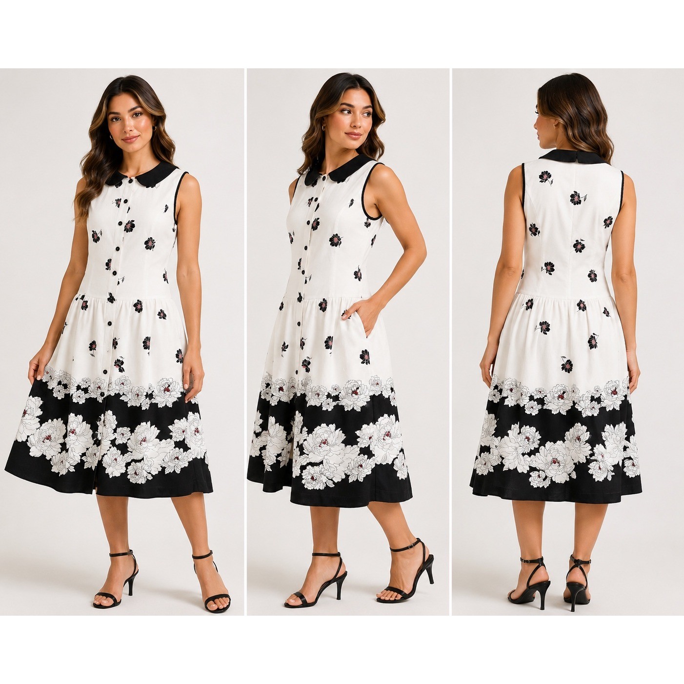 Womens Floral Peter Pan Collar Button Front Midi Dress Cream Black Retro FLAW