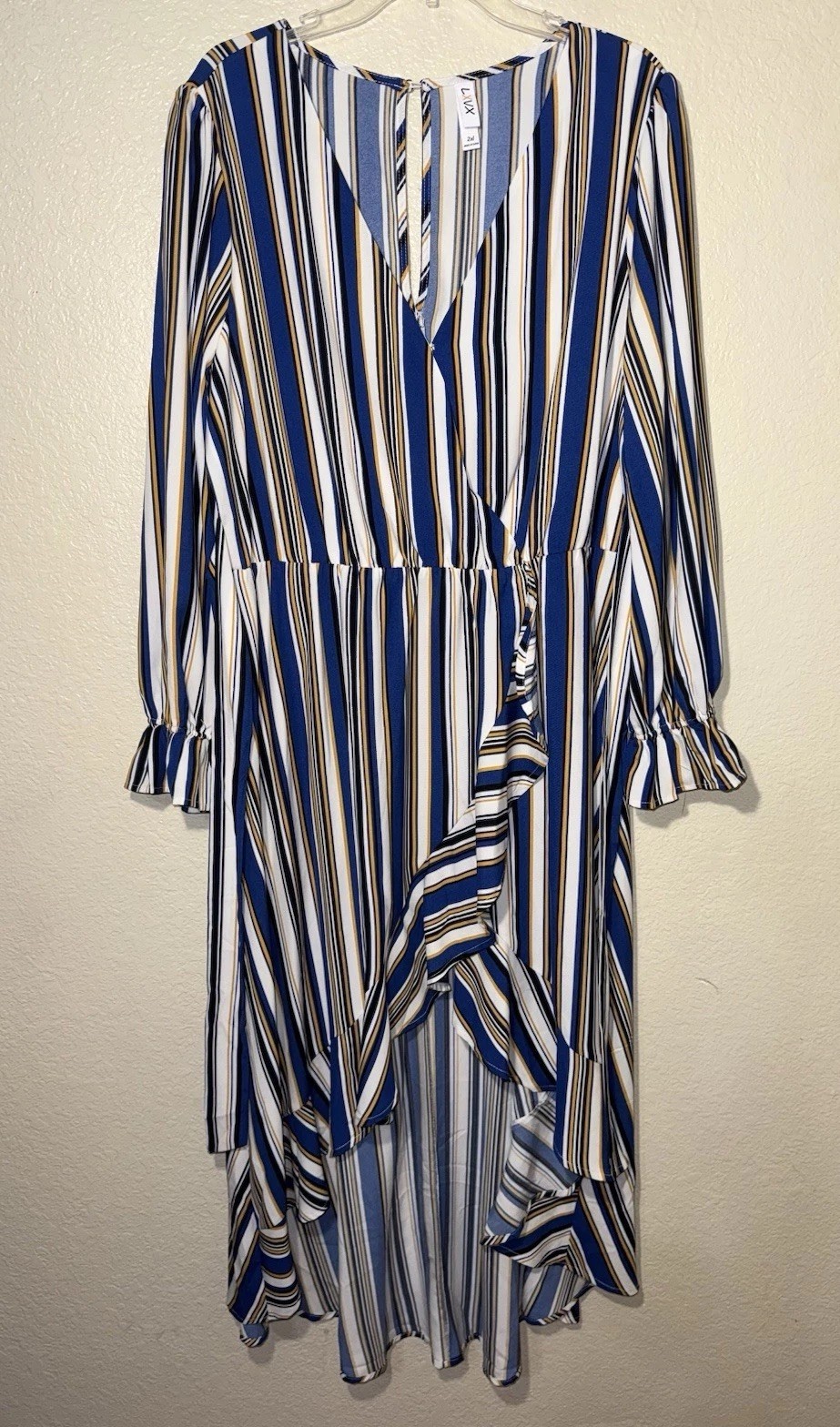 Blue Striped High Low Wrap Midi Dress 2XL Ruffle Hem Plus Size